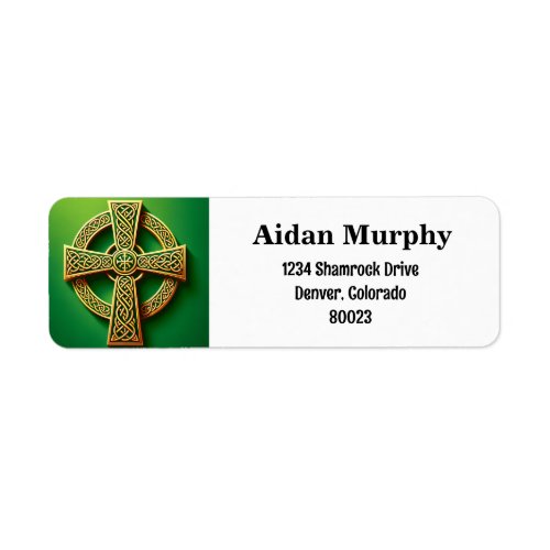 Golden Celtic Cross on Green Return Address Label