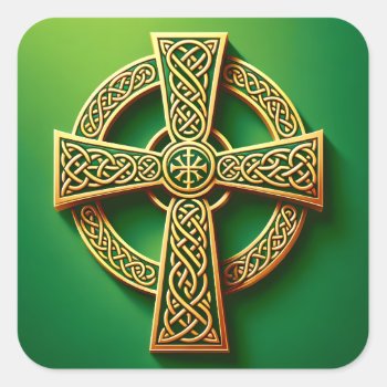 Golden Celtic Cross On Green Square Sticker by nadil2 at Zazzle