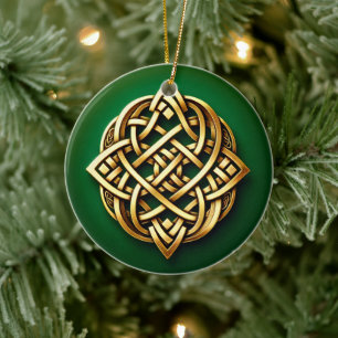Golden Celtic Knot on Green Ceramic Ornament