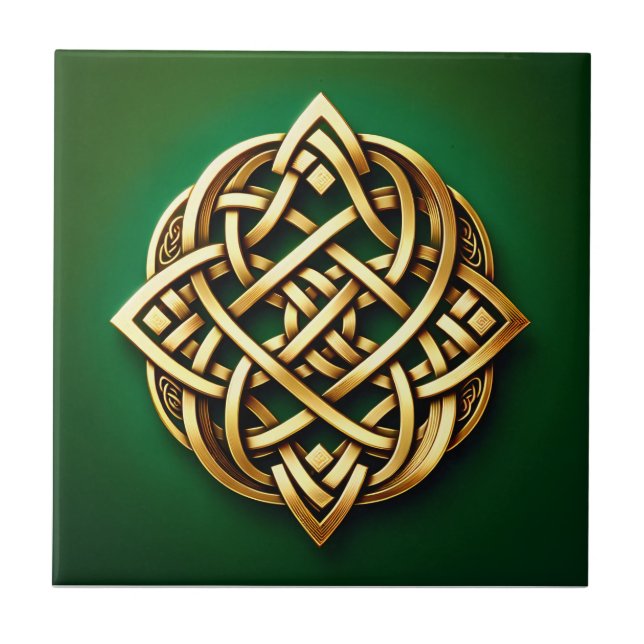 Golden Celtic Knot on Green Ceramic Tile (Front)