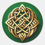 Golden Celtic Knot on Green Classic Round Sticker