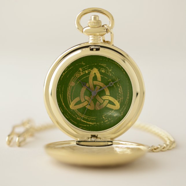 Golden Celtic Knot on Green Texture Pocket Watch (Inside)