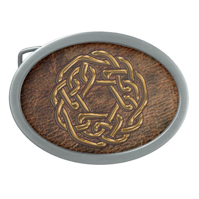Golden celtic knot on leather oval belt buckle (Front)