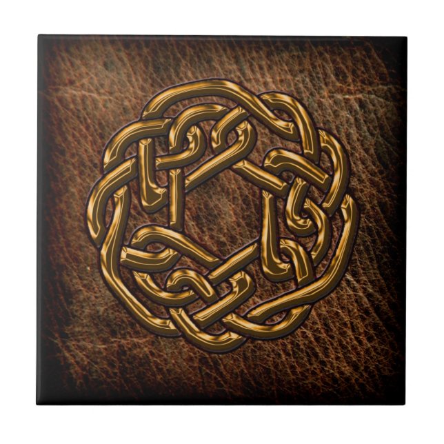 Golden celtic knot on leather tile (Front)