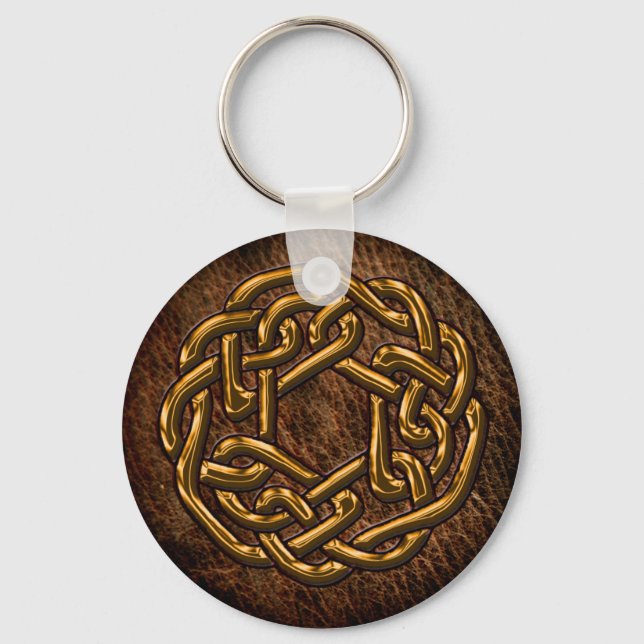 Golden celtic ornament on leather keychain (Front)