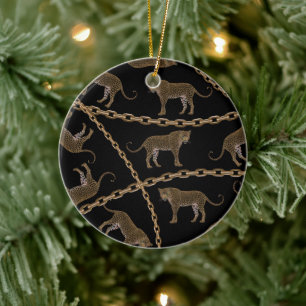 Golden chain glamor leopard cheetah ceramic ornament