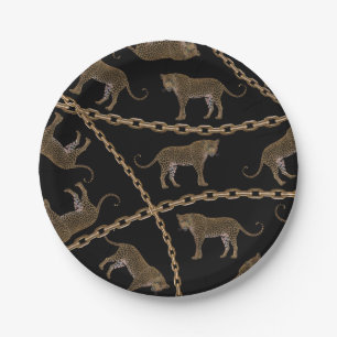 Golden chain glamour leopard cheetah paper plates
