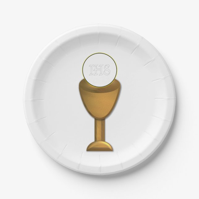 Golden Chalice and Host - Holy Communion Paper Plates (Front)