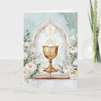 Golden Chalice & White Roses Priest Birthday  Card
