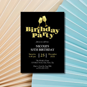 Golden Champagne Birthday Party Black Invitation