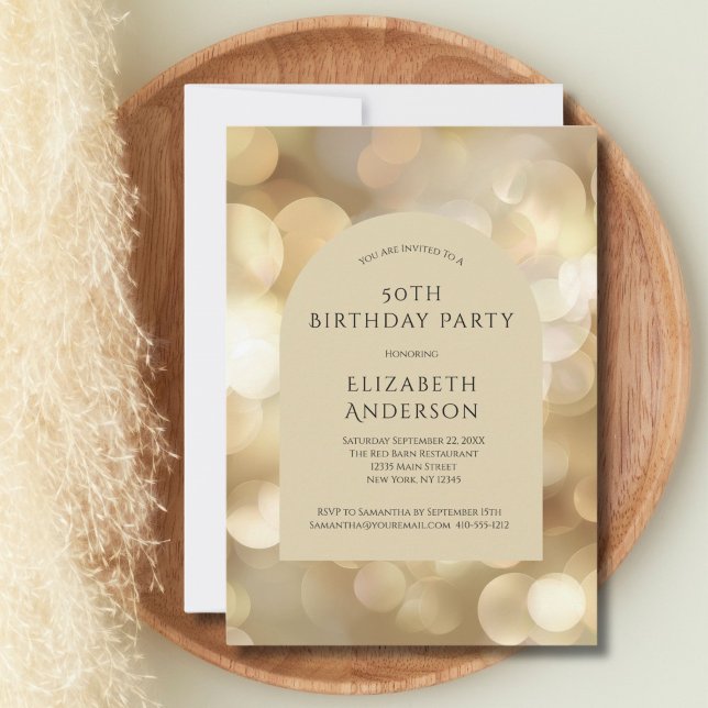 Golden Champagne Bokeh Arch 50th Birthday Invitation (Gold Champagne Bokeh Arch 50th Birthday invitation for him or her. Printed or Digital)
