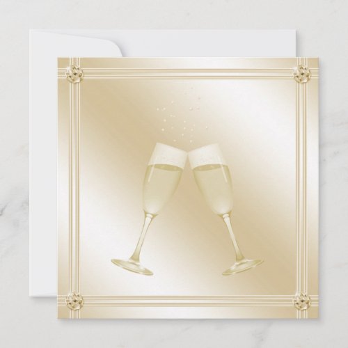 Golden Champagne Glass &amp; Sapphire Engagement Party Personalized Invitation