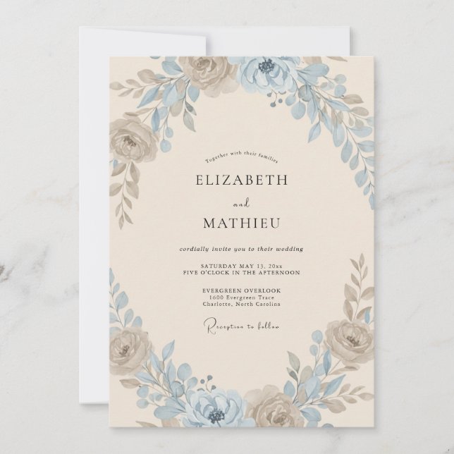 Golden Champagne Periwinkle Peony Wedding Invitation (Front)