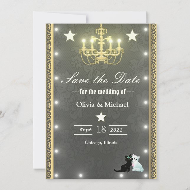 Golden chandelier save the date (Front)