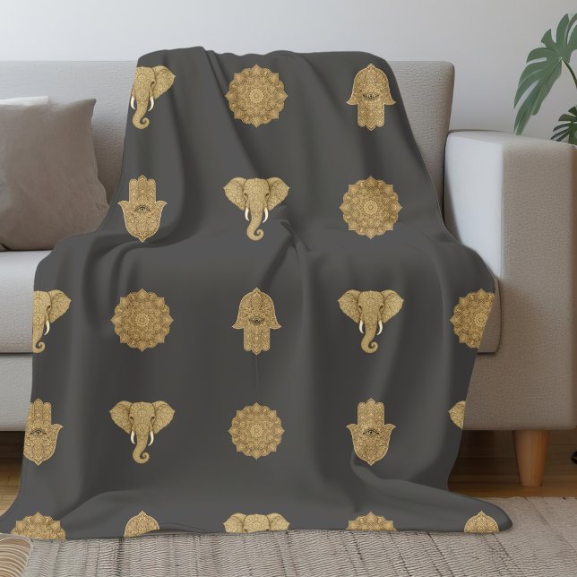 Golden Charcoal Mandala Elephant Hamsa | Asian Zen Fleece Blanket (Creator Uploaded)