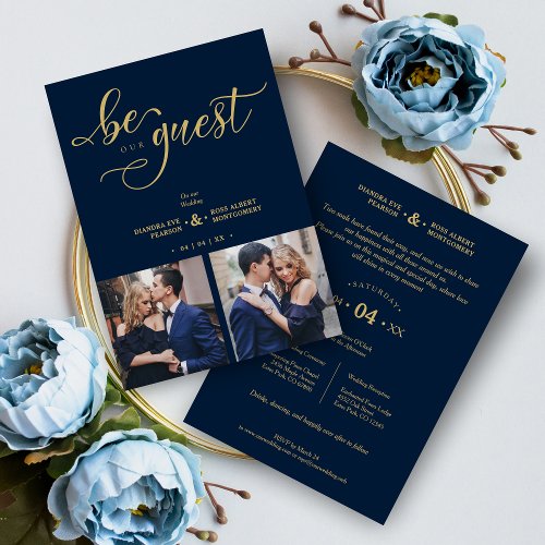 Golden Charm Navy Blue Romantic Wedding Invitation