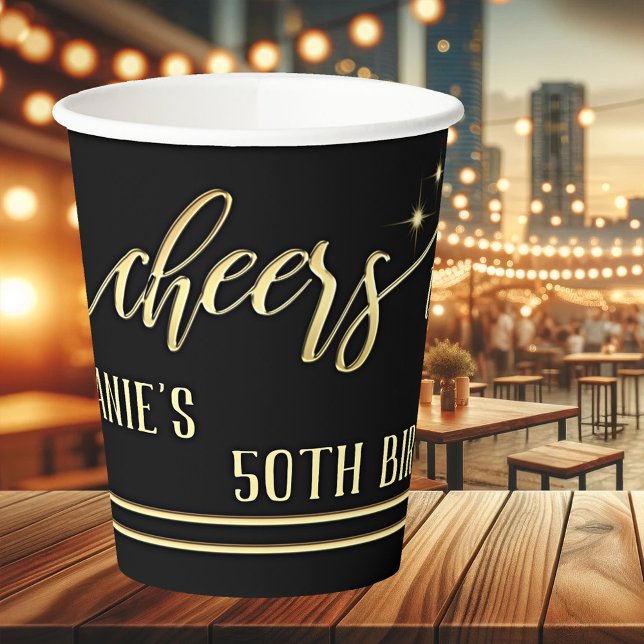 Golden Cheers Festive Birthday Paper Cups (Festive paper cups featuring a gold stylized Cheers text with stars and script text - birthday )