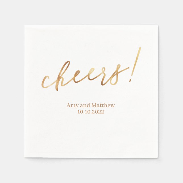Golden Cheers Mr & Mrs Name Date White Background Napkins (Front)