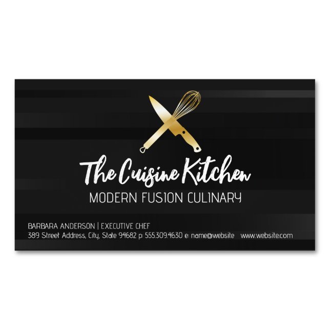 Golden Chef Knife Whisk Logo Business Card Magnet (Front)