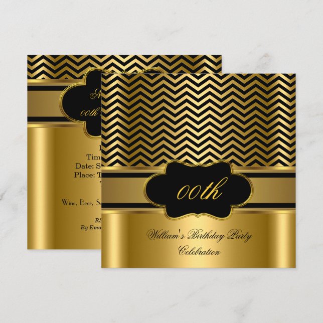 Golden Chevron Gold Black Stripe Birthday Party Invitation (Front/Back)