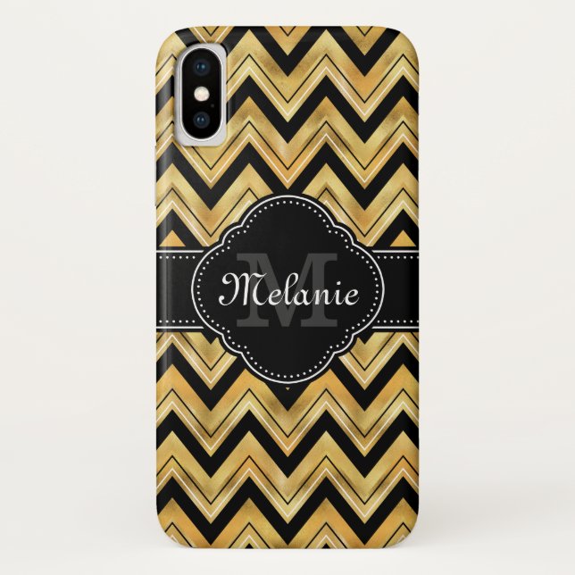 Golden Chevron Pattern Black White Monogram Case-Mate iPhone Case (Back)