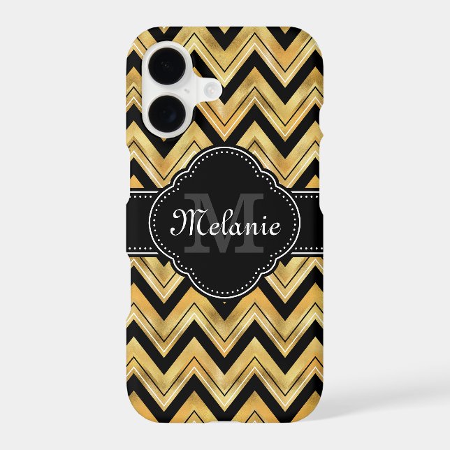 Golden Chevron Pattern Black White Monogram Case-Mate iPhone Case (Back)