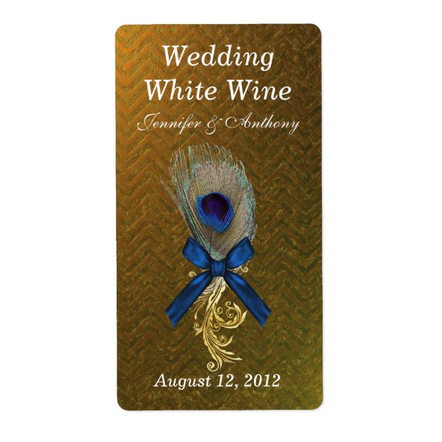 Golden Chevron Peacock Feather Wedding Mini Wine Label (Front)