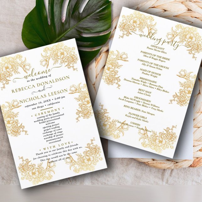 Golden Chic Bouquet Wedding Program (Creator Uploaded)