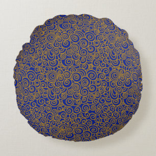 Golden Chinese Auspicious Clouds Pattern on Indigo Round Pillow