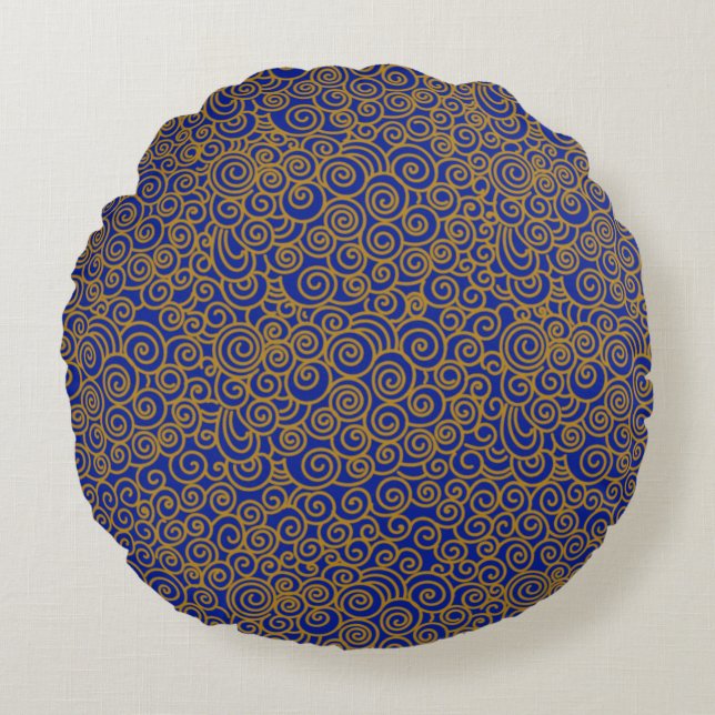 Golden Chinese Auspicious Clouds Pattern on Indigo Round Pillow (Front)