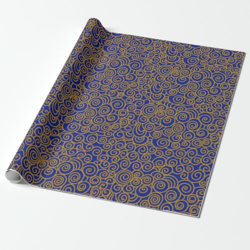 Golden Chinese Auspicious Clouds Pattern on Indigo Wrapping Paper