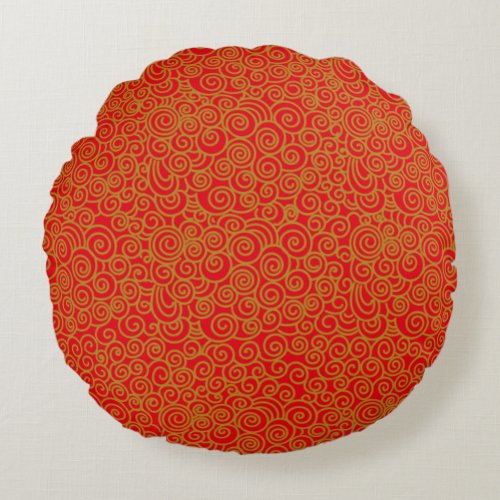 Golden Chinese Auspicious Clouds Pattern on Red Round Pillow