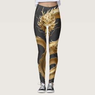 Golden Chinese Dragon Art Mythical Creature Fant Leggings