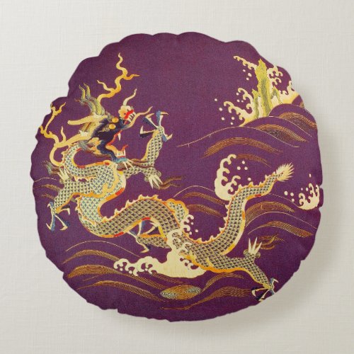 Golden Chinese Dragon Embroidered on Silk Round Pillow