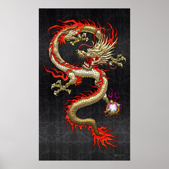 Golden Chinese Dragon Fucanglong on Black Silk Poster (Front)