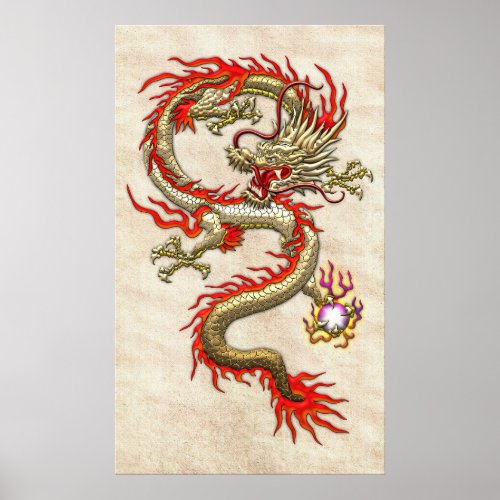 Golden Chinese Dragon Fucanglong on Rice Paper Poster
