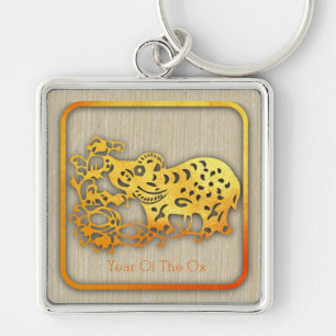 Golden Chinese Paper-cut Ox Year 2021 MSqK Keychain