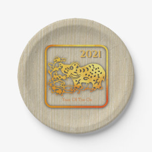 Golden Chinese Paper-cut Ox Year 2021 PP Paper Plates