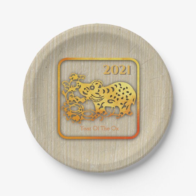 Golden Chinese Paper-cut Ox Year 2021 PP Paper Plates (Front)