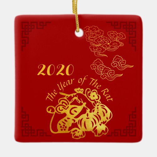 Golden Chinese Paper_cut Rat Year 2020 SqCO Ceramic Ornament