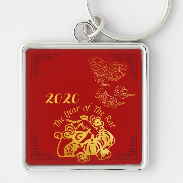 Golden Chinese Paper-cut Rat Year 2020 SqMK Keychain (Front)