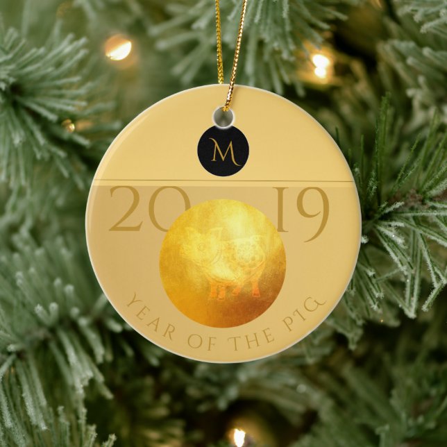 Golden Chinese Pig Papercut 2019 Monogram O Ceramic Ornament (Tree)