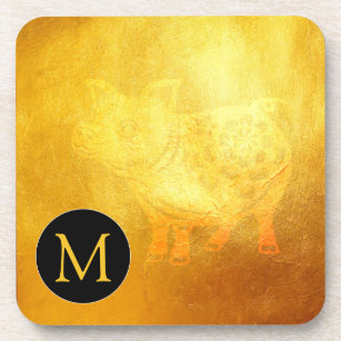 Golden Chinese Pig Papercut Monogram Square C Beverage Coaster