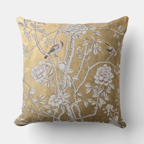 Golden Chinoiserie with Birds  Blooming Peony Throw Pillow