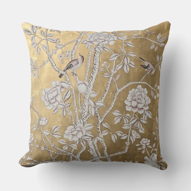 Golden Chinoiserie with Birds & Blooming Peony Throw Pillow (Front)
