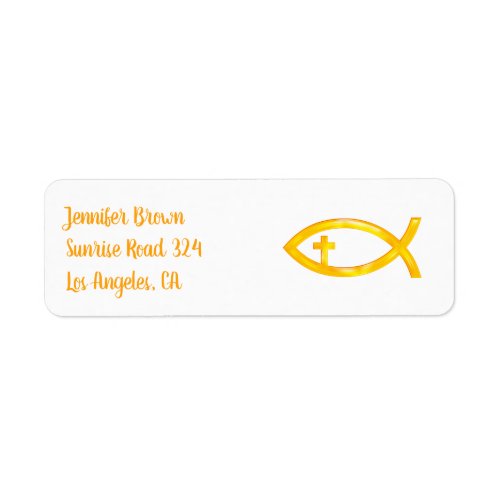 Golden Christian Fish Symbol with Crucifix Label