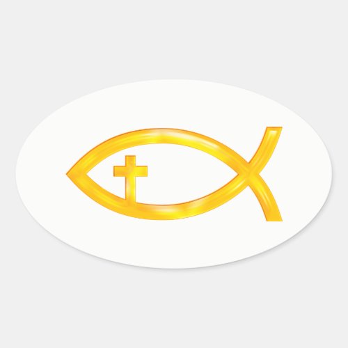 Golden Christian Fish Symbol with Crucifix Oval Sticker