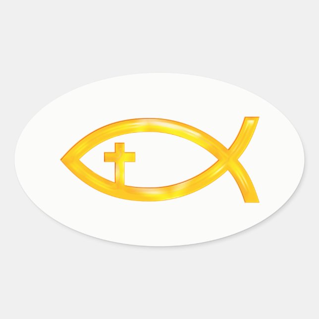 Golden Christian Fish Symbol with Crucifix Oval Sticker (Front)