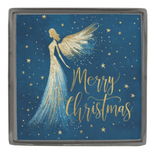 Golden Christmas Angel on Starry Navy Gunmetal Finish Lapel Pin