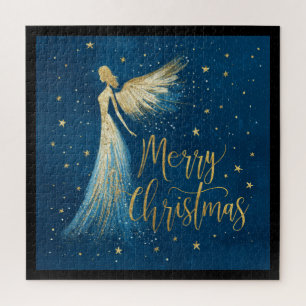 Golden Christmas Angel on Starry Navy Jigsaw Puzzle